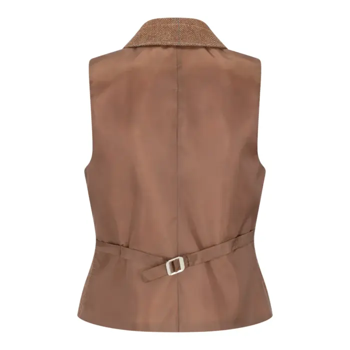 Women's Oak Brown Wool Blend Tweed Herringbone Checkered Blazer Waistcoat - Image 12
