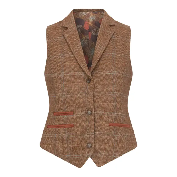 Women's Oak Brown Wool Blend Tweed Herringbone Checkered Blazer Waistcoat - Image 10