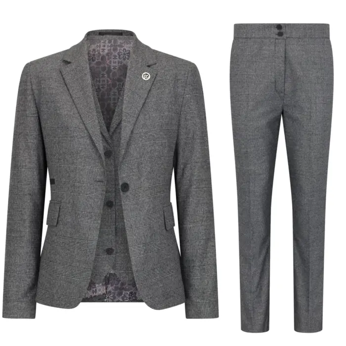 Women's Suit 3 Piece Grey Prince Of Wales Check Tailored Fit Business Formal Ladies Dress - Image 1