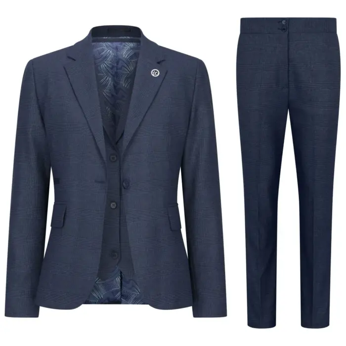Women's Suit 3 Piece Navy Blue Prince Of Wales Check Tailored Fit Business Formal Ladies Dress - Image 1