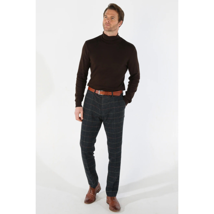 Mens Navy Blue Trousers Herringbone Tweed Checked Formal Suit Pants - Image 2