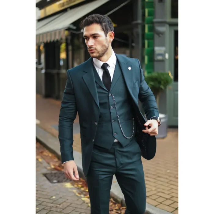 Men's 3 Piece Suit Classic Prince of Wales Check Olive Green Wedding Office Retro - Image 2