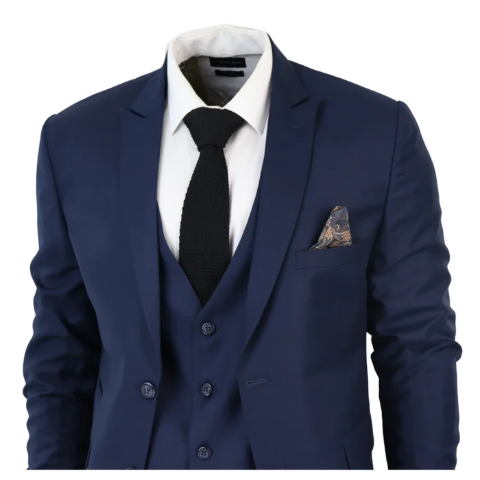 Men's Classic Navy Blue Suit 3 Piece Tailored Fit Vintage Office Wedding Prom - Image 3