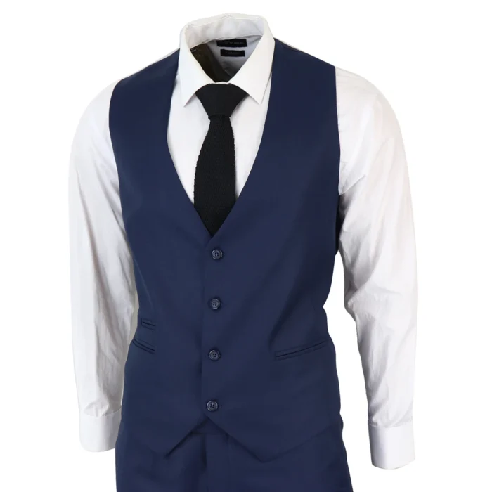 Men's Classic Navy Blue Suit 3 Piece Tailored Fit Vintage Office Wedding Prom - Image 5