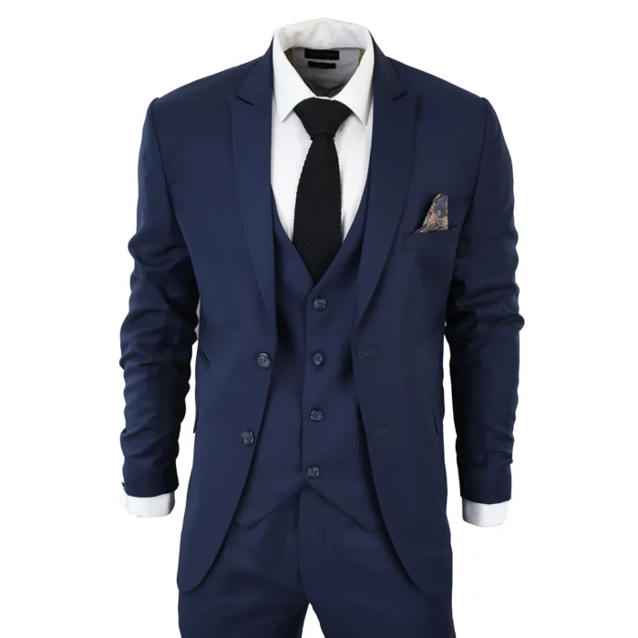 Men's Classic Navy Blue Suit 3 Piece Tailored Fit Vintage Office Wedding Prom - Image 1