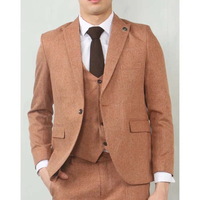 Men's 3 Piece Suit Camel Rust Brown Tailored Fit Wedding Prom Formal Textured - Image 1