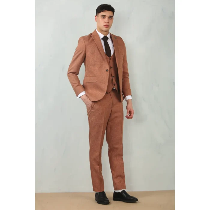 Men's 3 Piece Suit Camel Rust Brown Tailored Fit Wedding Prom Formal Textured - Image 2