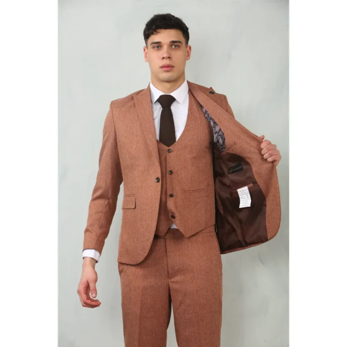 Men's 3 Piece Suit Camel Rust Brown Tailored Fit Wedding Prom Formal Textured - Image 3