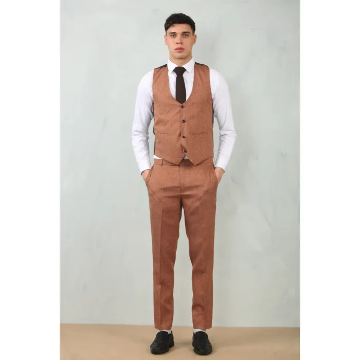 Men's 3 Piece Suit Camel Rust Brown Tailored Fit Wedding Prom Formal Textured - Image 4