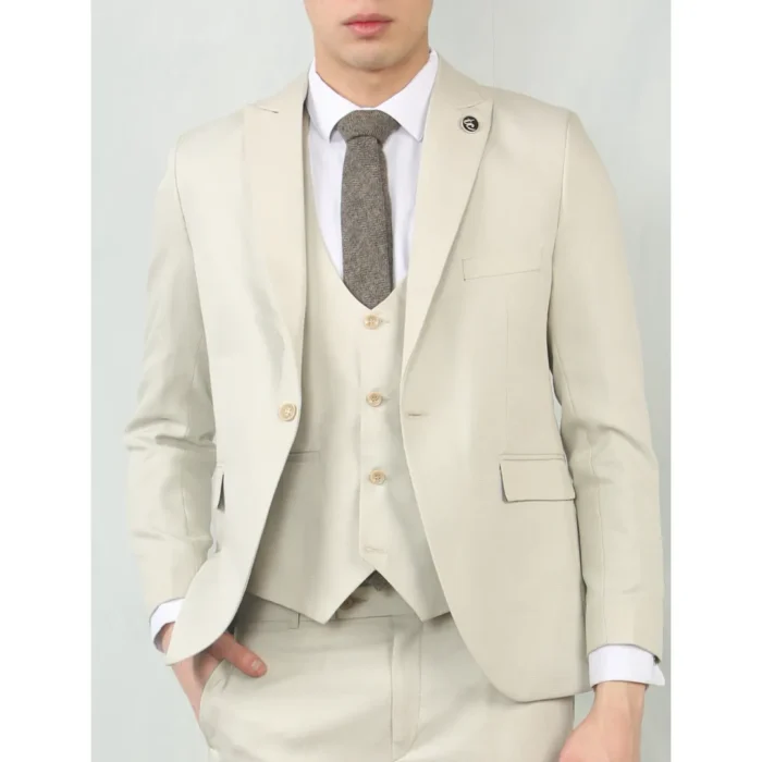 Men's 3 Piece Suit Cream Beige Tailored Fit Wedding Classic Prom Formal Textured - Image 1