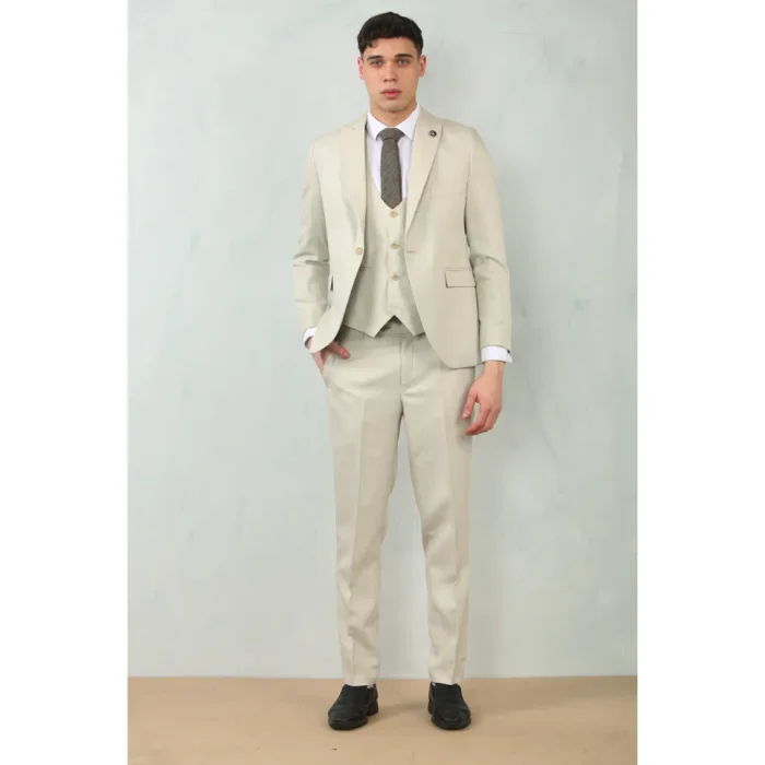 Men's 3 Piece Suit Cream Beige Tailored Fit Wedding Classic Prom Formal Textured - Image 2