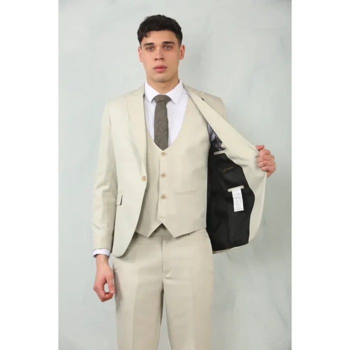 Men's 3 Piece Suit Cream Beige Tailored Fit Wedding Classic Prom Formal Textured - Image 3