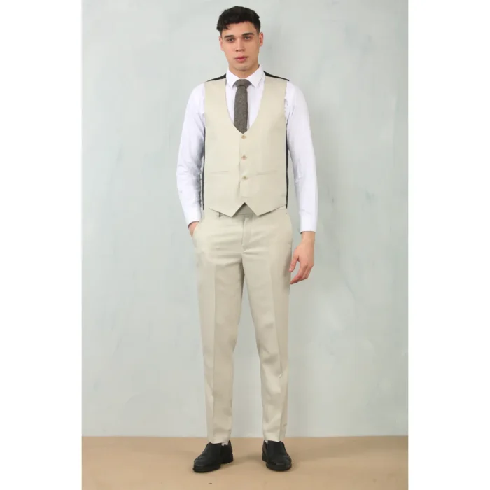 Men's 3 Piece Suit Cream Beige Tailored Fit Wedding Classic Prom Formal Textured - Image 4