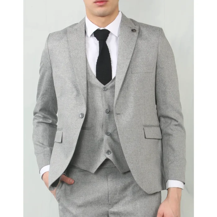 Men's 3 Piece Suit Grey Tailored Fit Wedding Classic Prom Formal Textured - Image 1