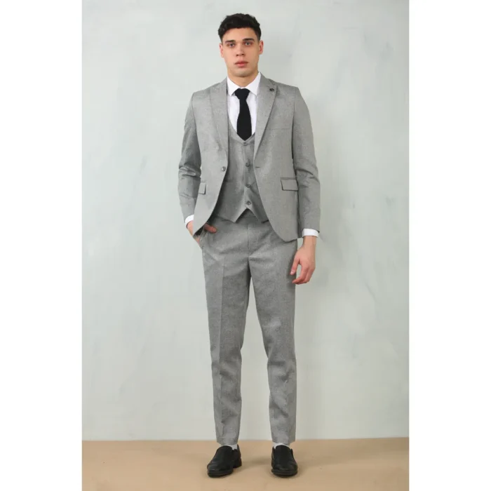 Men's 3 Piece Suit Grey Tailored Fit Wedding Classic Prom Formal Textured - Image 2