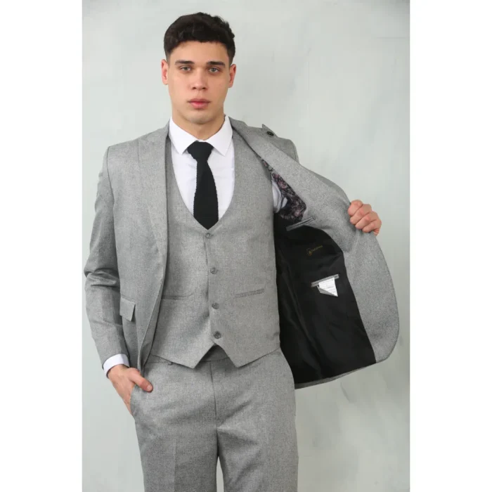 Men's 3 Piece Suit Grey Tailored Fit Wedding Classic Prom Formal Textured - Image 3