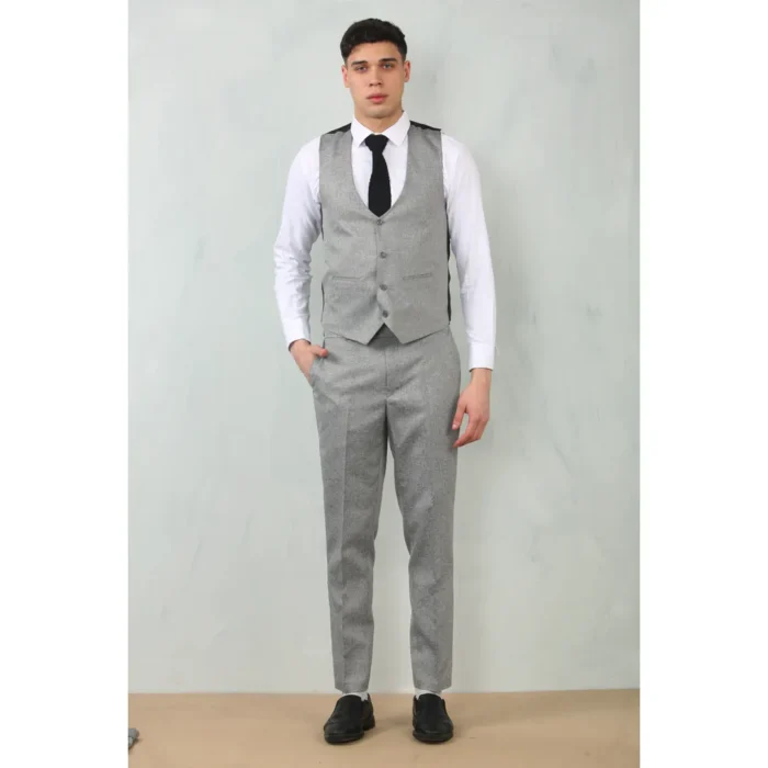 Men's 3 Piece Suit Grey Tailored Fit Wedding Classic Prom Formal Textured - Image 4