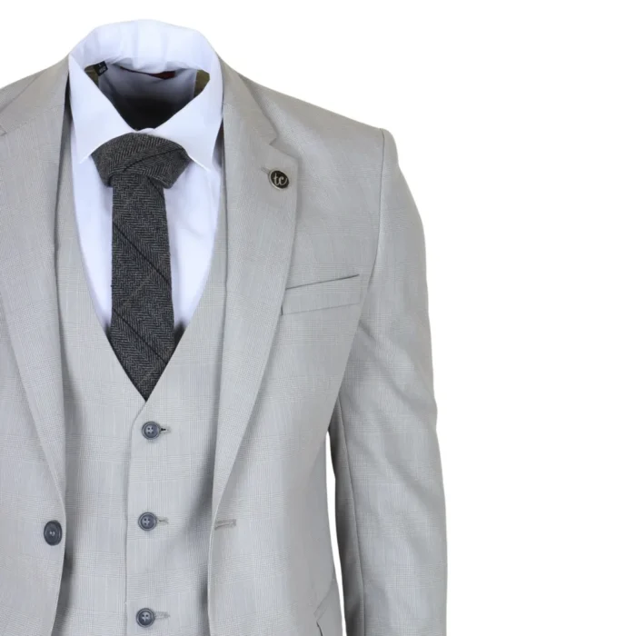 IM31 - Men's Grey 3 Piece Prince Of Wales Check Suit - Image 4