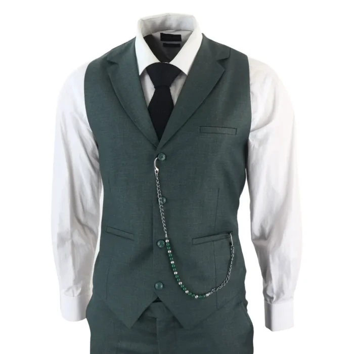 Mens Classic 3 Piece Suit Olive Green Pocket Chain Wedding Tailored Fit Vintage Formal - Image 7