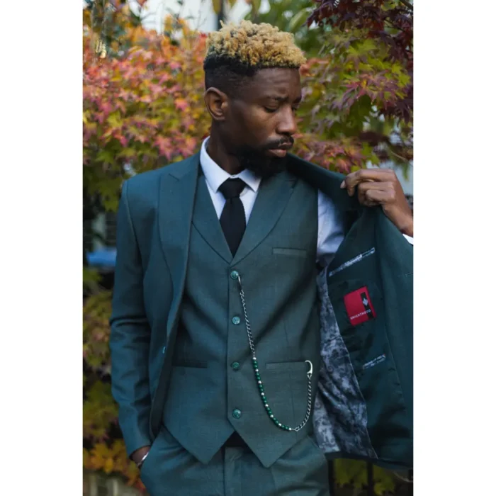 Mens Classic 3 Piece Suit Olive Green Pocket Chain Wedding Tailored Fit Vintage Formal - Image 3