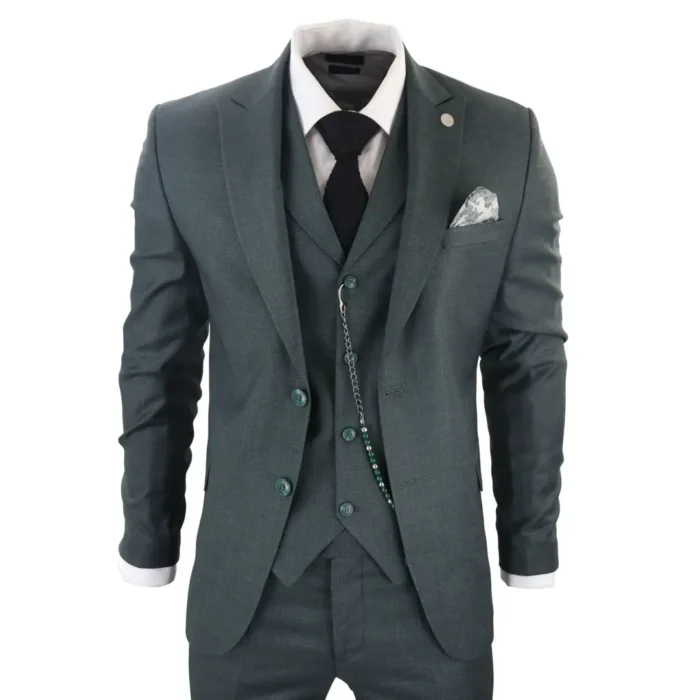 Mens Classic 3 Piece Suit Olive Green Pocket Chain Wedding Tailored Fit Vintage Formal - Image 1