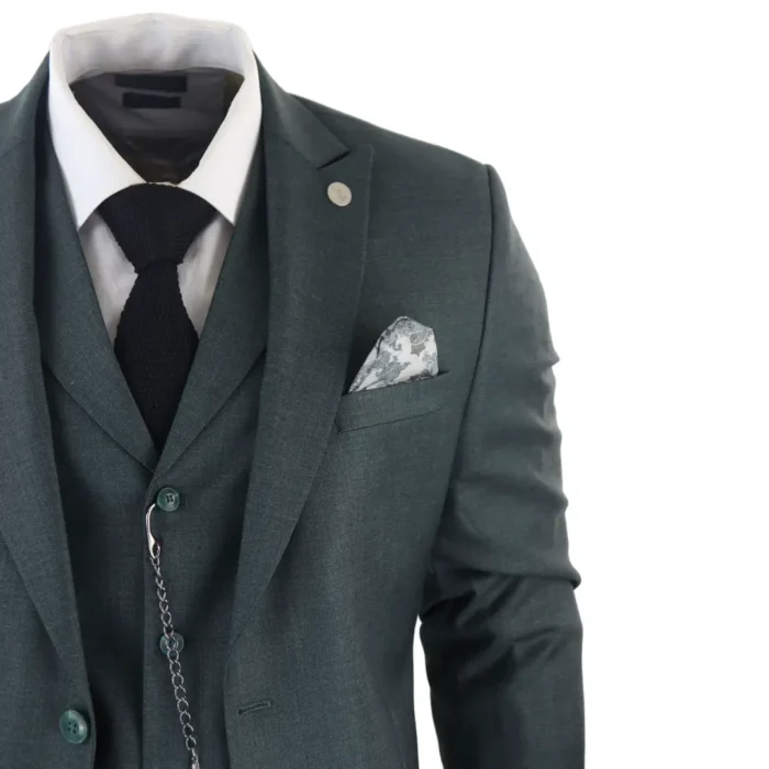 Mens Classic 3 Piece Suit Olive Green Pocket Chain Wedding Tailored Fit Vintage Formal - Image 5