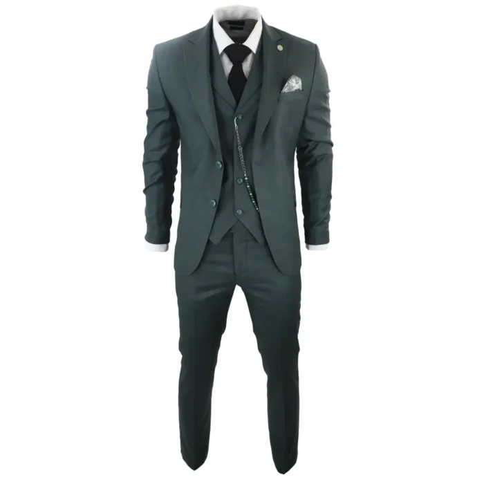 Mens Classic 3 Piece Suit Olive Green Pocket Chain Wedding Tailored Fit Vintage Formal - Image 4