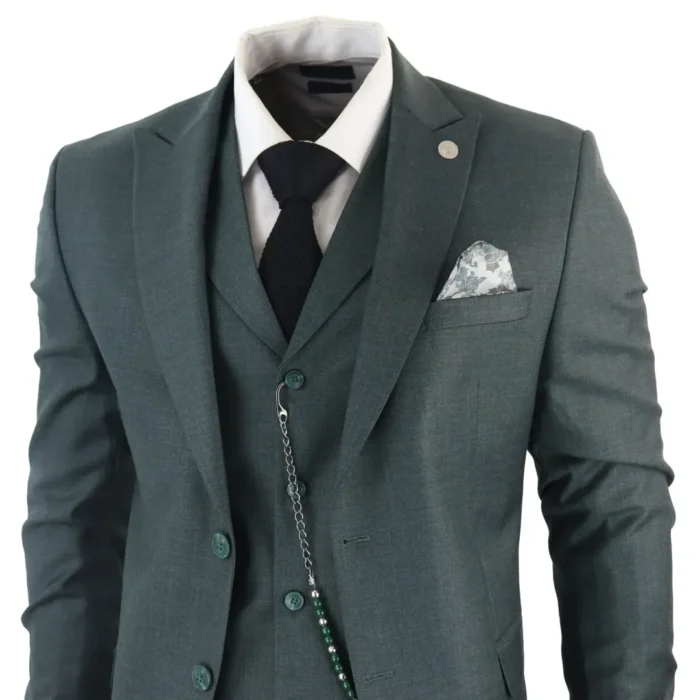 Mens Classic 3 Piece Suit Olive Green Pocket Chain Wedding Tailored Fit Vintage Formal - Image 6