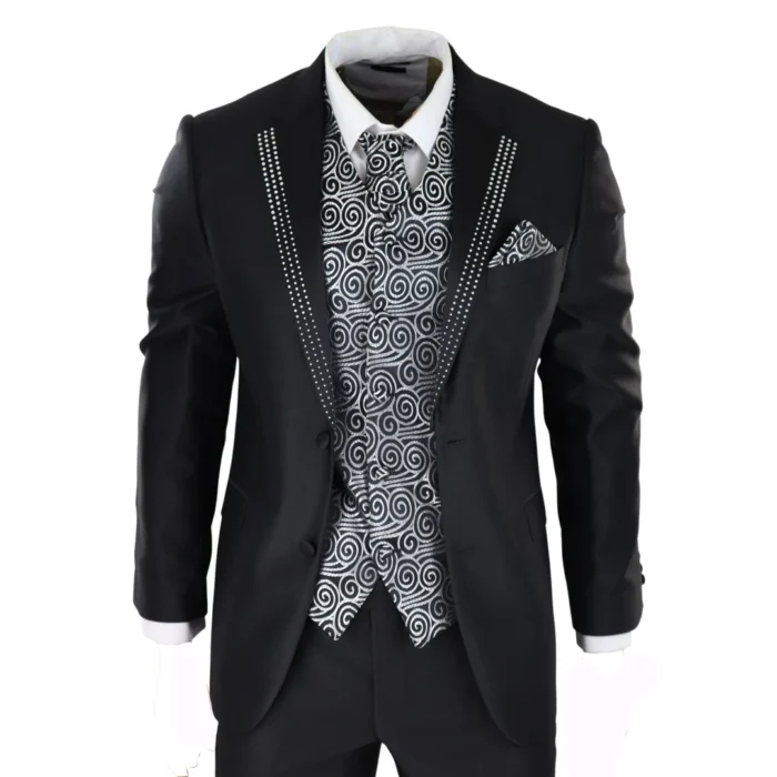 Mens Wedding 3 Piece Black Suit Diamonte Silver Cravat Waistcoat Groom Bestman - Image 1