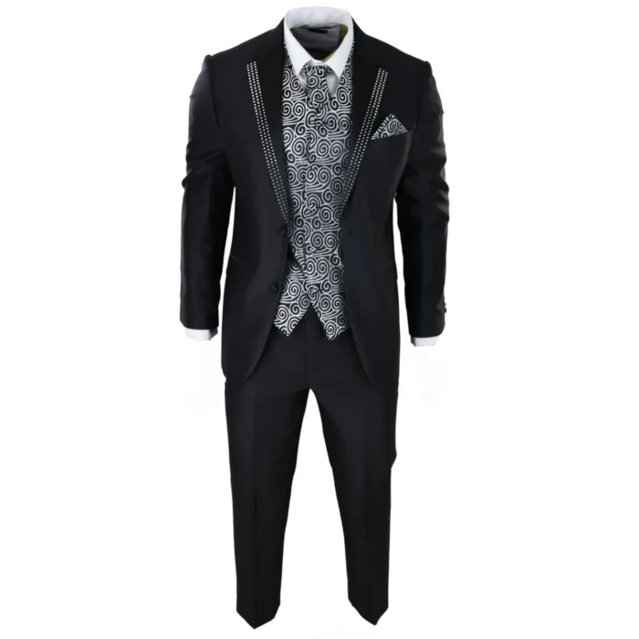 Mens Wedding 3 Piece Black Suit Diamonte Silver Cravat Waistcoat Groom Bestman - Image 2
