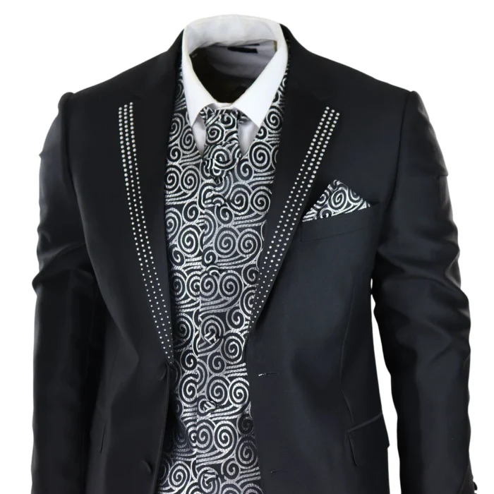Mens Wedding 3 Piece Black Suit Diamonte Silver Cravat Waistcoat Groom Bestman - Image 3