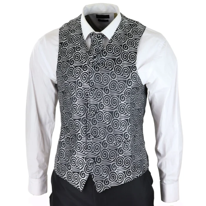 Mens Wedding 3 Piece Black Suit Diamonte Silver Cravat Waistcoat Groom Bestman - Image 5
