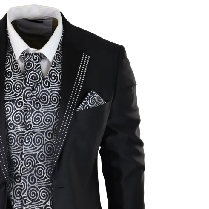 Mens Wedding 3 Piece Black Suit Diamonte Silver Cravat Waistcoat Groom Bestman - Image 4