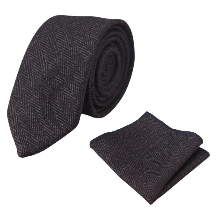 Mens Tweed Herringbone Tie Pocket Square Check Classic Blue Brown Grey Black - Image 16