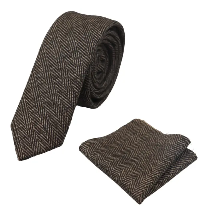 Mens Tweed Herringbone Tie Pocket Square Check Classic Blue Brown Grey Black - Image 8