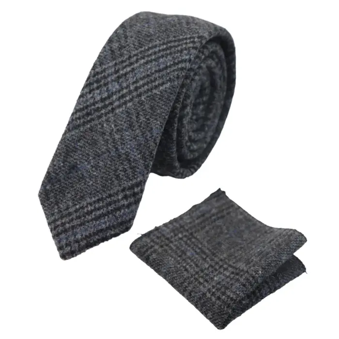 Mens Tweed Herringbone Tie Pocket Square Check Classic Blue Brown Grey Black - Image 12