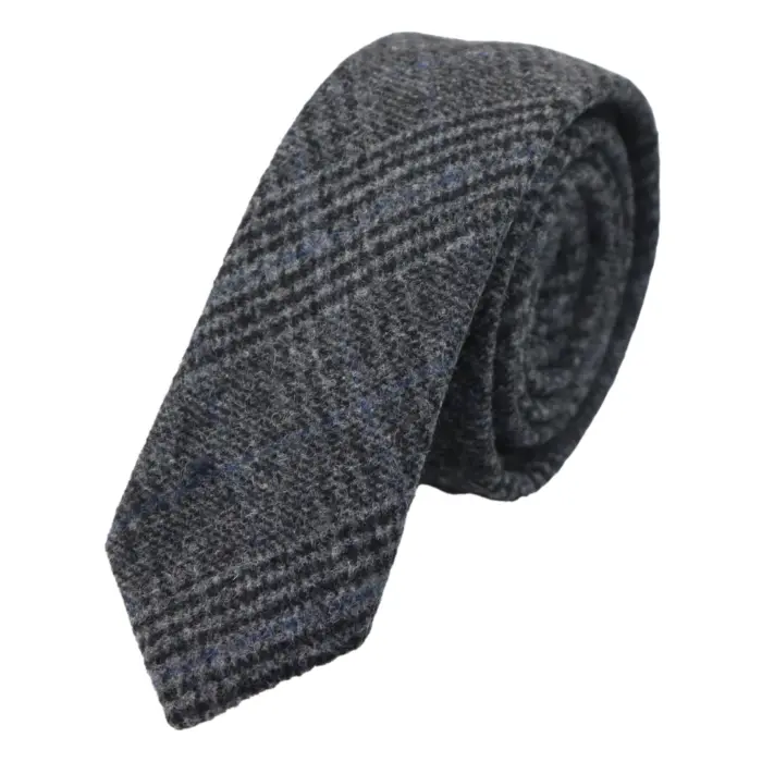 Mens Tweed Herringbone Tie Pocket Square Check Classic Blue Brown Grey Black - Image 11