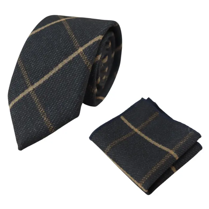 Mens Tweed Herringbone Tie Pocket Square Check Classic Blue Brown Grey Black - Image 14