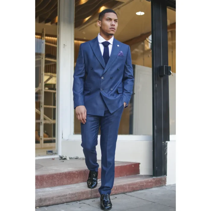Men's Blue Suit 2 Piece Double Breasted Check Formal Dress - Image 2