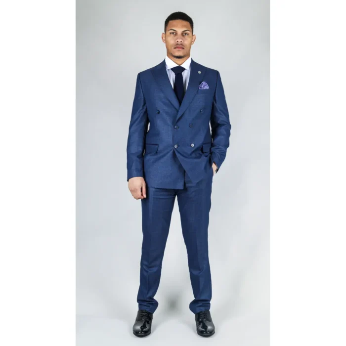 Men's Blue Suit 2 Piece Double Breasted Check Formal Dress - Image 3