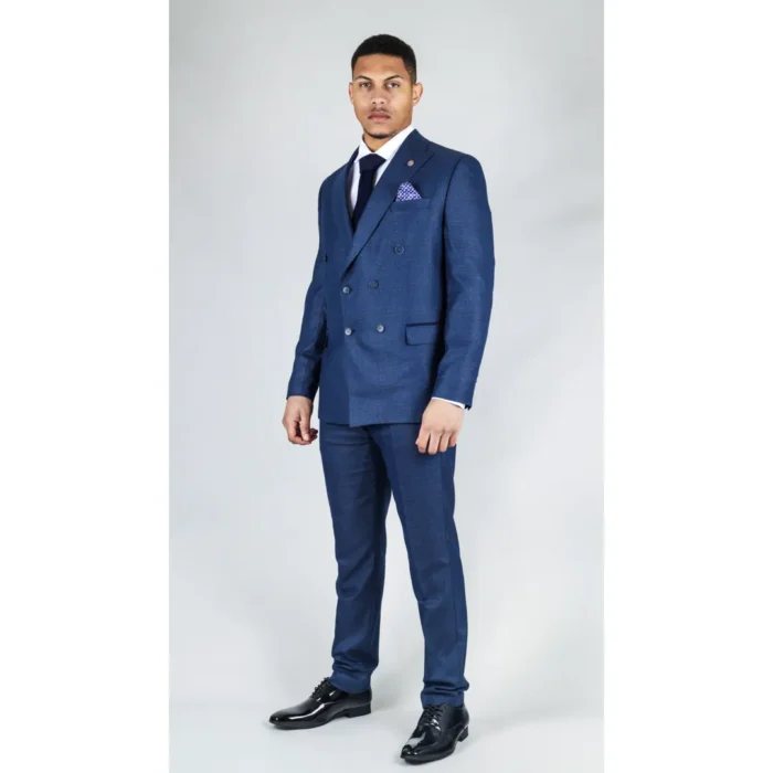 Men's Blue Suit 2 Piece Double Breasted Check Formal Dress - Image 4
