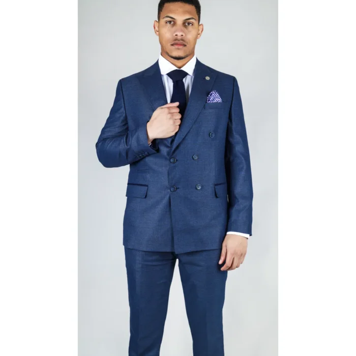 Men's Blue Suit 2 Piece Double Breasted Check Formal Dress - Image 1
