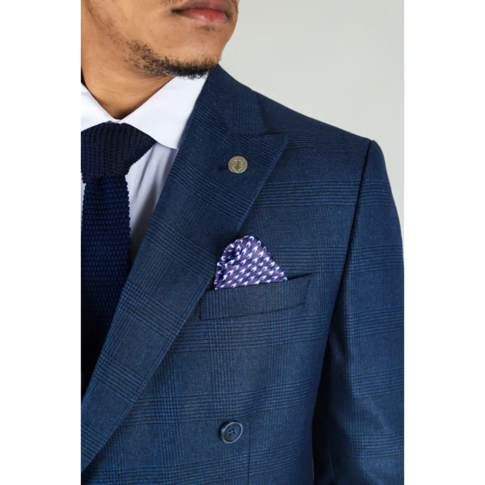 Men's Blue Suit 2 Piece Double Breasted Check Formal Dress - Image 5