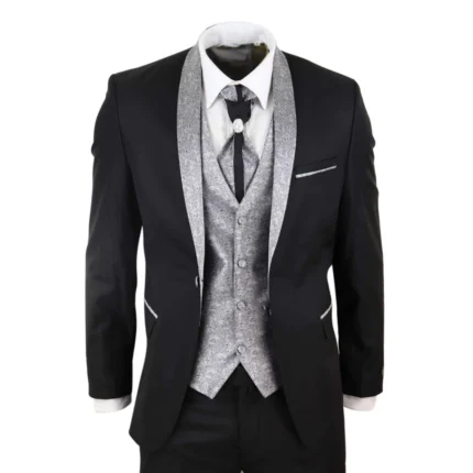 Mens 4 Piece Wedding Suit Groom Shawl Collar Vintage Black Silver Cravat Tailor