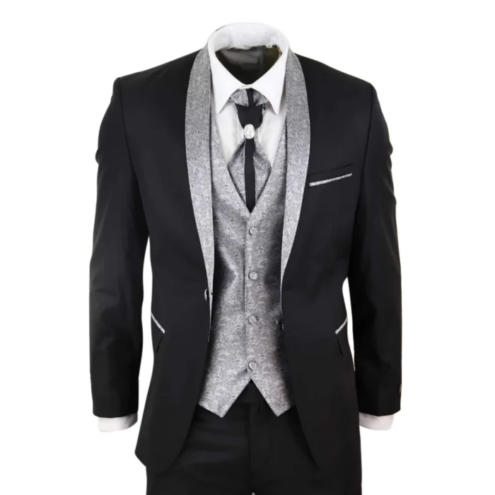 Mens 4 Piece Wedding Suit Groom Shawl Collar Vintage Black Silver Cravat Tailor - Image 1