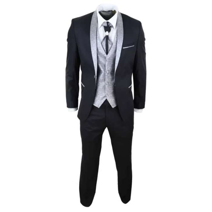 Mens 4 Piece Wedding Suit Groom Shawl Collar Vintage Black Silver Cravat Tailor - Image 2