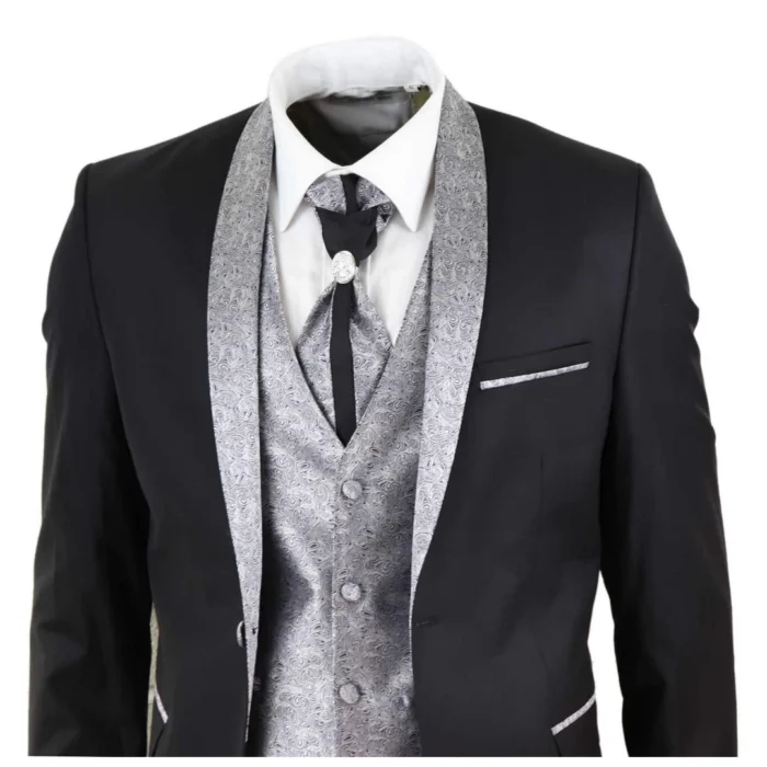 Mens 4 Piece Wedding Suit Groom Shawl Collar Vintage Black Silver Cravat Tailor - Image 3