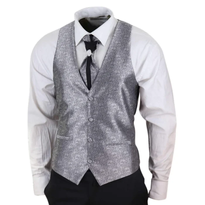 Mens 4 Piece Wedding Suit Groom Shawl Collar Vintage Black Silver Cravat Tailor - Image 5