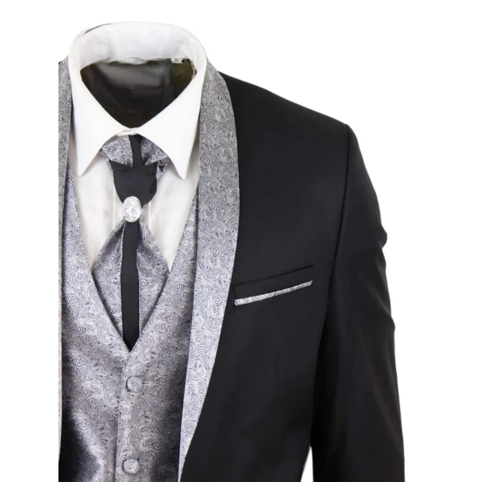 Mens 4 Piece Wedding Suit Groom Shawl Collar Vintage Black Silver Cravat Tailor - Image 4