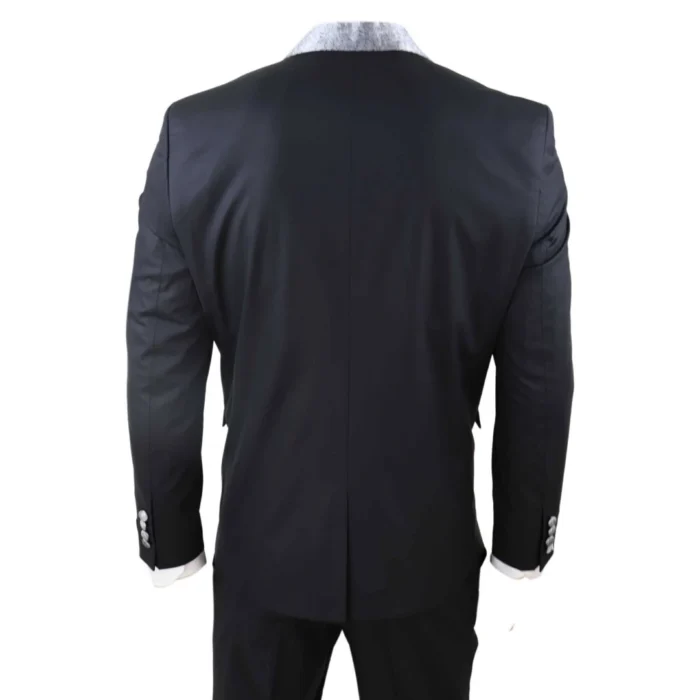 Mens 4 Piece Wedding Suit Groom Shawl Collar Vintage Black Silver Cravat Tailor - Image 6